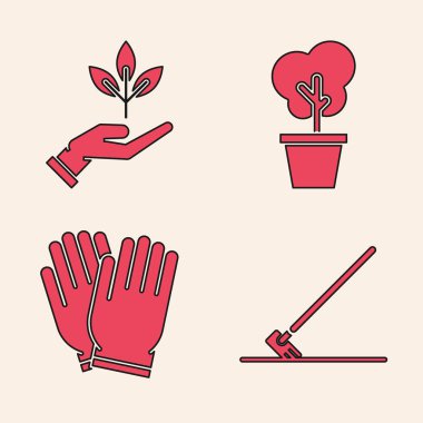 Set Garden rake in work, Plant in hand of environmental protection, Tree in pot and Garden gloves icon. Vector clipart