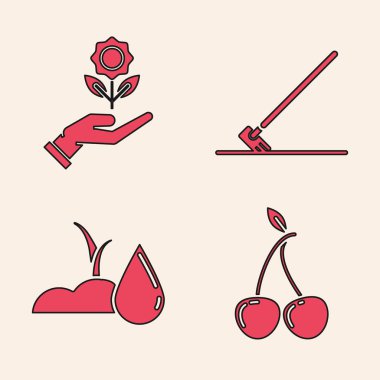 Cherry, el ele tutuşan çiçek, bahçe tırmığı ve filizlenme ikonu. Vektör