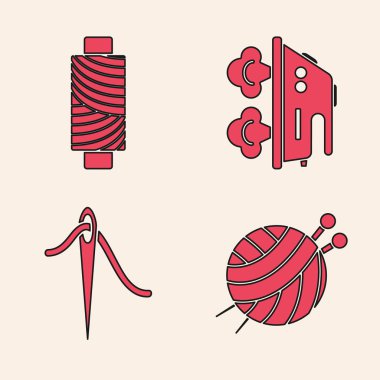 İplik topunu örgü iğneleriyle, dikiş ipliğini makaraya, elektrikli ütüyü ve iğneyi iplik simgesiyle dikmek için ayarla. Vektör