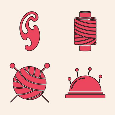 İğne iğneleri, iğneler, Fransız kıvrımları, makarada dikiş ipliği ve örgü iğneleri ikonlu iplik topu. Vektör