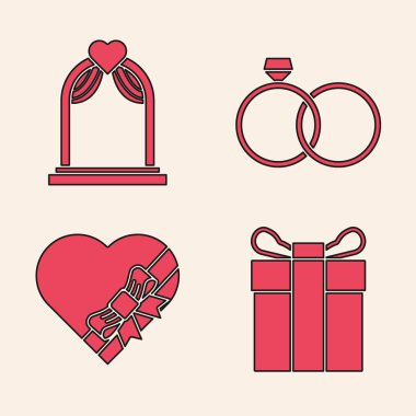 Hediye kutusu, düğün kemeri, alyans ve şekeri kalp şeklinde kutuda ve fiyonk şeklinde yapın. Vektör