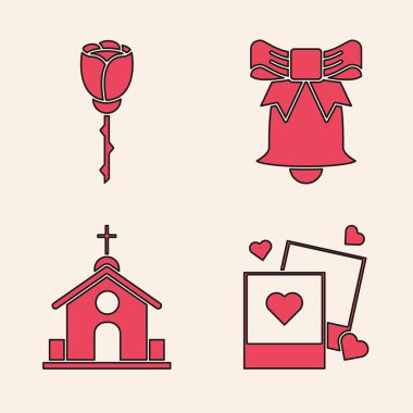 İki boş resim çerçevesi ve kalp, çiçek gülü, zil ve kilise binası ikonu ayarla. Vektör