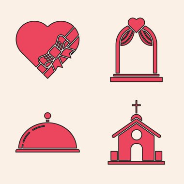 Kilise binası, kalp şeklinde şeker kutusu ve fiyonk, düğün kemeri ve tepsi dolusu yemek ikonu. Vektör