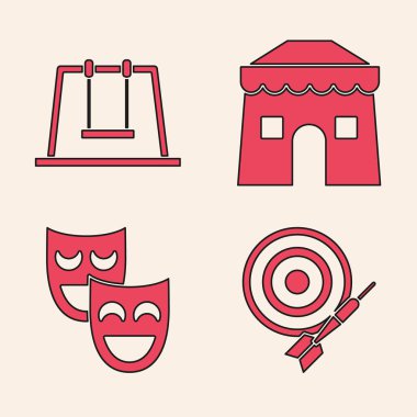 Klasik dart tahtası ve ok, Swing, Sirk çadırı ve Komedi Maskeleri ikonu. Vektör