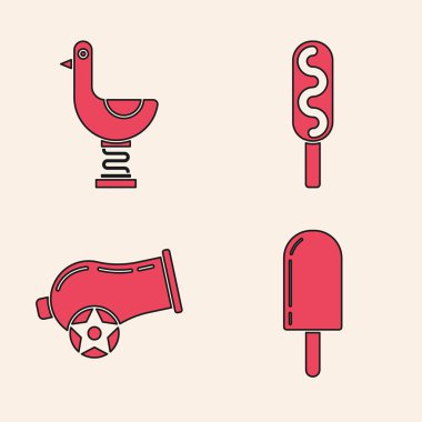 Dondurma, binici çocuk ördek, mısırlı sosis ve top ikonu. Vektör