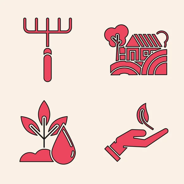 Set Sprout in hand of environmental protection, Garden rake, Farm House concept and Watering plant icon. Vector — Stock Vector