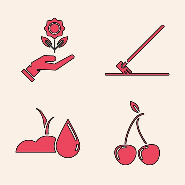 Definir cereja, Mão segurando flor, ancinho de jardim no trabalho e ícone de broto de rega. Vetor —  Vetores de Stock