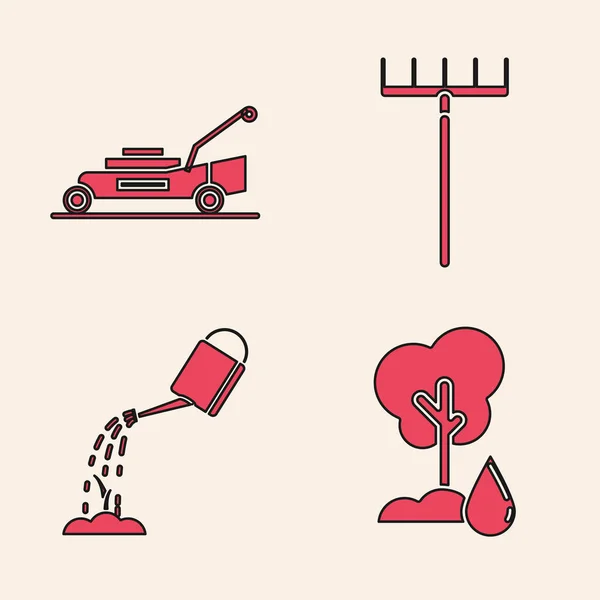 Set Watering Tree, Lawn mower, Garden rake and Watering can with water icon. Vector — Stock Vector