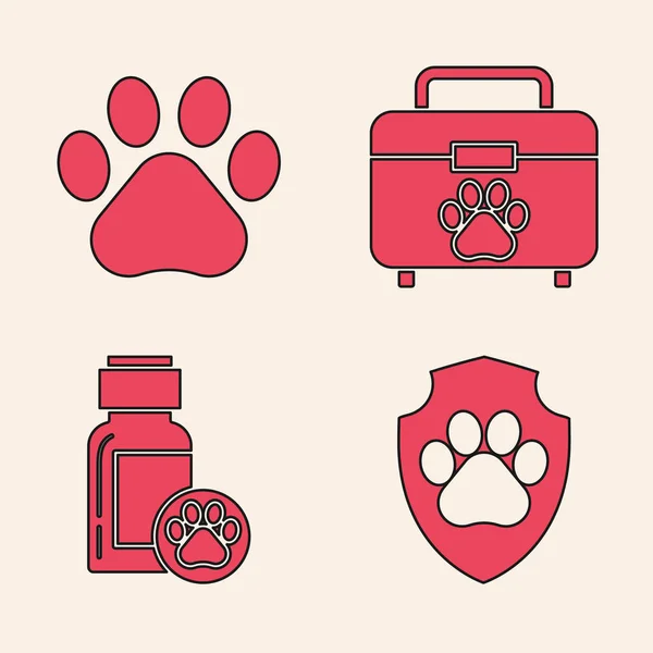 Σετ Ασφάλιση υγείας των ζώων, εκτύπωση Paw, Pet κουτί πρώτων βοηθειών και Dog φάρμακο εικονίδιο μπουκάλι. Διάνυσμα — Διανυσματικό Αρχείο