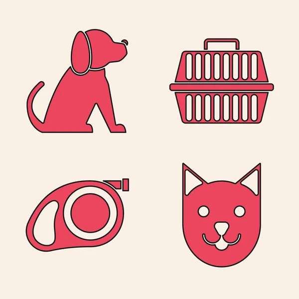 Σετ Cat, Dog, Pet θήκη μεταφοράς και πτυσσόμενο λουρί λουρί με carabiner εικονίδιο. Διάνυσμα — Διανυσματικό Αρχείο
