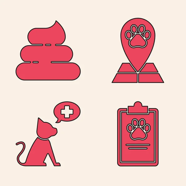 Σετ Πρόχειρο με ιατρικό κλινικό αρχείο κατοικίδιο ζώο, Σκατά, Δείκτης χάρτη με κτηνιατρικό νοσοκομείο ιατρικής και Κτηνιατρική κλινική σύμβολο εικονίδιο. Διάνυσμα — Διανυσματικό Αρχείο
