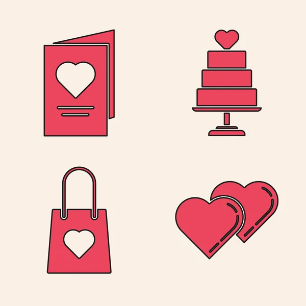 Set deux coeurs liés, flyer de fête Saint-Valentin avec coeur, gâteau de mariage avec coeur et sac à provisions avec icône de coeur. Vecteur — Image vectorielle