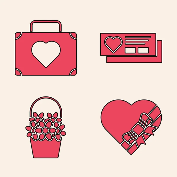 Conjunto de caramelos en forma de corazón caja y arco, maleta para viajar con el corazón, entrada con el corazón y flores en un icono de la cesta. Vector — Vector de stock