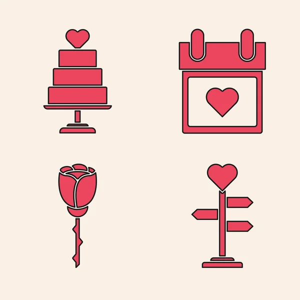 Set Signpost con corazón, pastel de bodas con corazón, calendario con corazón e icono de rosa flor. Vector — Vector de stock