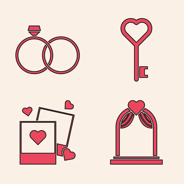 Set Arco de boda, Anillos de boda, Llave en forma de corazón y dos marcos de fotos en blanco y corazón icono. Vector — Archivo Imágenes Vectoriales