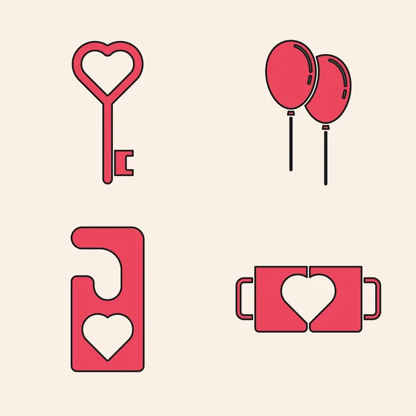 Set Dos taza de café y corazón, Llave en forma de corazón, Globos con cinta y por favor no molestar con el icono del corazón. Vector — Vector de stock