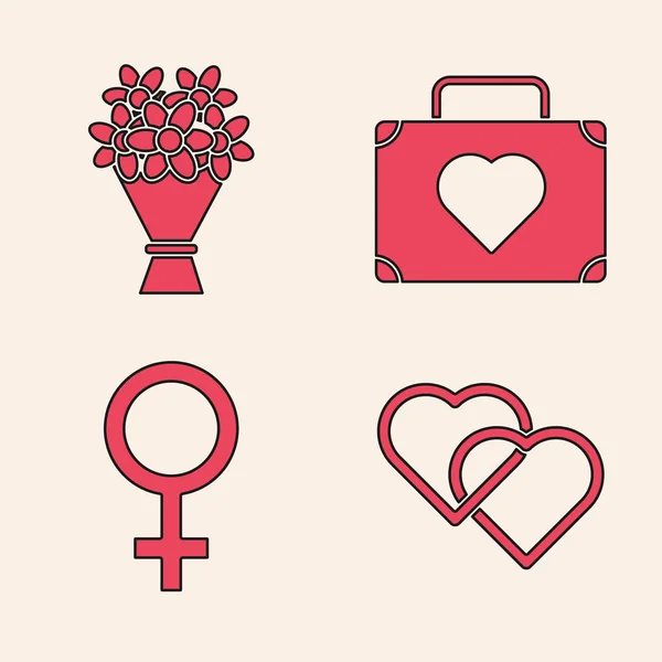 Set Two Linked Hearts, kytice květin, kufřík pro cestování se srdcem a ženské symbol pohlaví ikony. Vektor — Stockový vektor