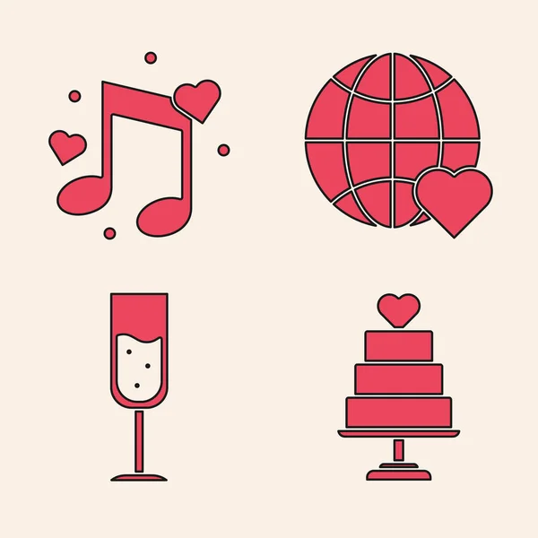 Set Svatební dort se srdcem, Hudební nota, Tón se srdcem, Srdce světové lásky a sklenice šampaňského ikony. Vektor — Stockový vektor
