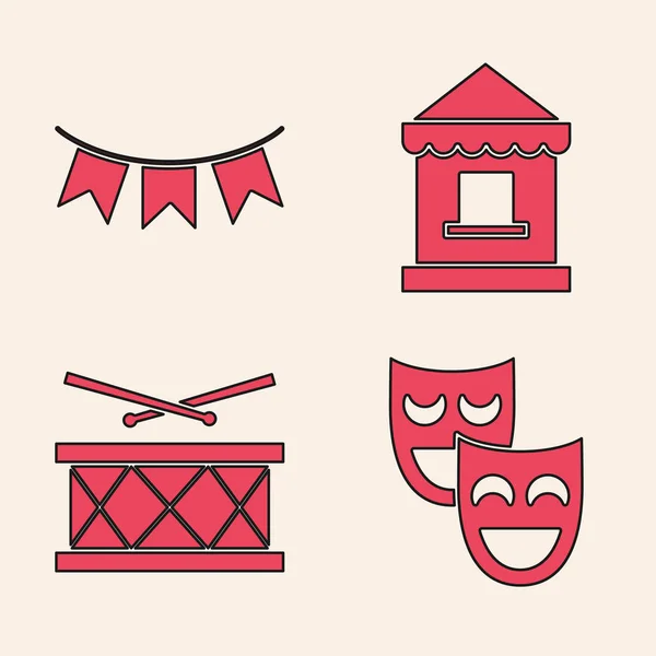 Set Comedy theatrical masks, Carnival garland with flags, Ticket box office and Drum with drum sticks icon. Vector — Stock Vector