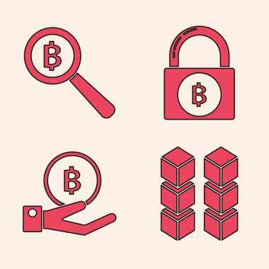 Blockchain teknolojisini ayarla, Bitcoin ile büyüteç büyüteç, Bitcoin ile kilit ve Bitcoin simgesi ile el kilidi. Vektör