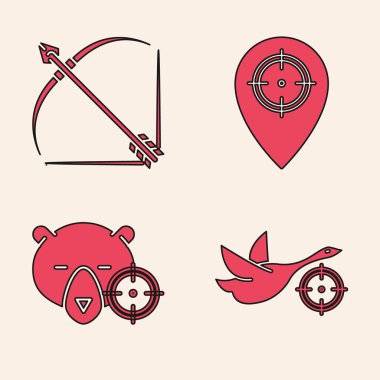 Hunt 'ı hedefli ördeğe, yay ve oku ok kılıfına, Hunt' ı av yerine ve Hunt 'ı hedef tahtası olan ayıya ayarlayın. Vektör