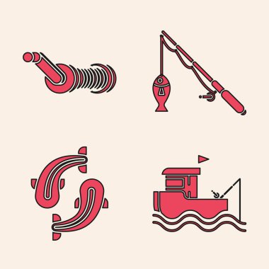 Balıkçı teknesini suya olta, makarayı oltaya, oltaya ve balık ve balık ikonuna ayarla. Vektör