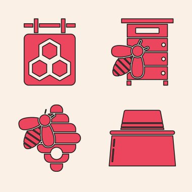 Arıcı 'yı koruyucu şapkalı ayarla, bal peteğiyle işaret as, arılar için kovan ve arılar için de kovan yap. Vektör