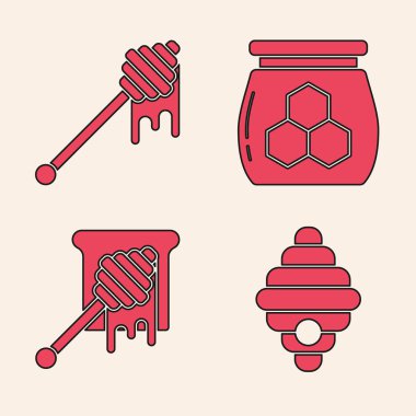Kovan 'ı arılar için ayarla, bal damlatan bal çubuğu, bal ikonu kavanozu. Vektör