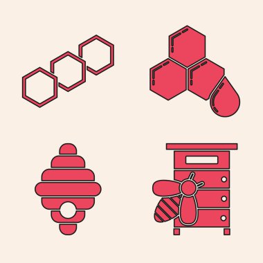 Arılar için kovan, bal peteği, bal peteği ve arı ikonu için kovan oluşturun. Vektör