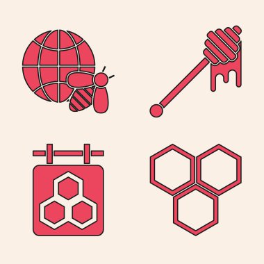 Bal peteği, dünyanın bal peteği haritası ve arı, bal damlayan bal ve bal peteği simgesiyle bal arısı çubuğu. Vektör