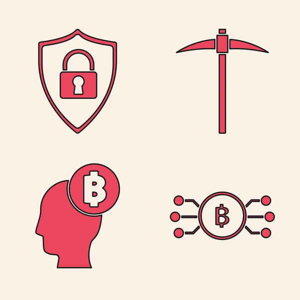 Establecer Bitcoin criptomoneda en círculo con circuito de microchip, Escudo de seguridad con cerradura, Pickaxe y Bitcoin pensar icono. Vector — Vector de stock
