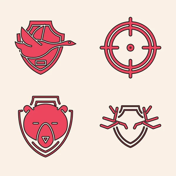 Set Deer antlers on shield, Flying duck on shield, Target sport for shooting competition and Bear head on shield icon. Vector — Stock Vector