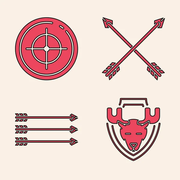 Establecer Moose cabeza en el escudo, Objetivo deporte para la competición de tiro, Flechas cruzadas y flechas Hipster icono. Vector — Vector de stock