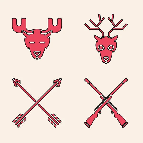 Set Two crossed shotguns, Moose head with horns, Deer head with antlers and Crossed arrows icon. Vector — 스톡 벡터