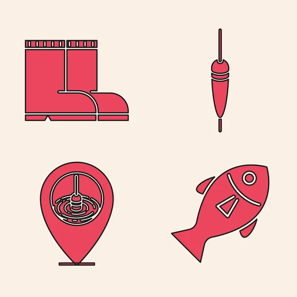 Set Fish, botas de pesca, flutuador de pesca e ícone de pesca de localização. Vetor — Vetor de Stock