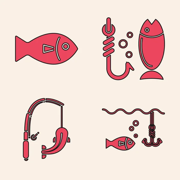 Definir gancho de pesca sob a água com peixes, peixes, pesca e vara de pesca e ícone de peixe. Vetor — Vetor de Stock