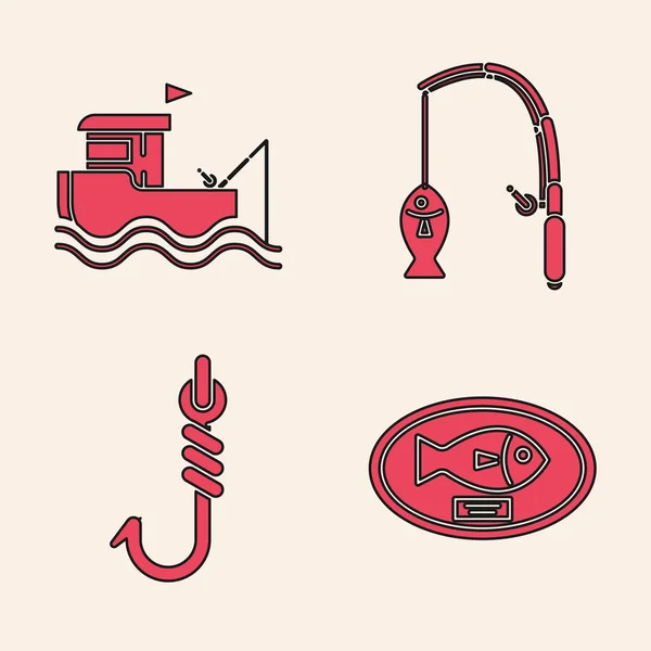 Set Fish trophy hanging on the board, Fishing boat with fishing rod on water, Fishing rod and fish and Fishing hook icon. Vector — Stock Vector