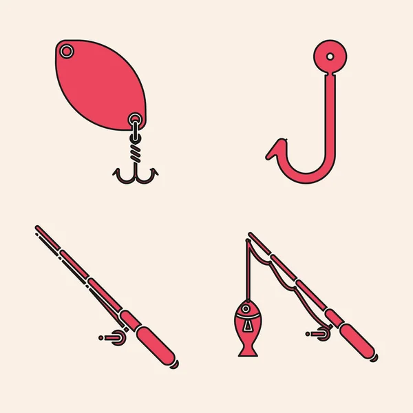 Definir vara de pesca e peixe, colher de pesca, gancho de pesca e ícone da vara de pesca. Vetor —  Vetores de Stock