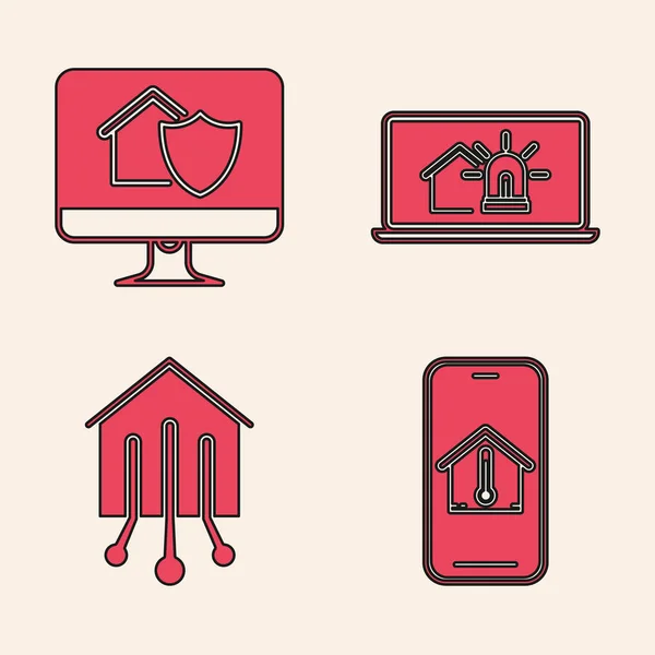 Conjunto de teléfono móvil con temperatura de la casa, monitor de ordenador con la casa bajo protección, ordenador portátil con casa inteligente y alarma y el icono de la casa inteligente. Vector — Vector de stock