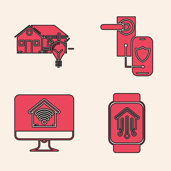 Set Smart home with smart watch, Smart house and light bulb, Digital door lock with wireless technology for lock and Computer monitor with smart home with wi-fi icon. Vector — Stock Vector