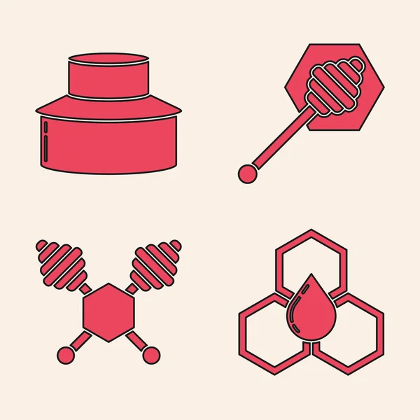 Set Honeycomb, Beekeeper with protect hat, Honey dipper stick and Honey dipper stick icon. Vector — Stock Vector