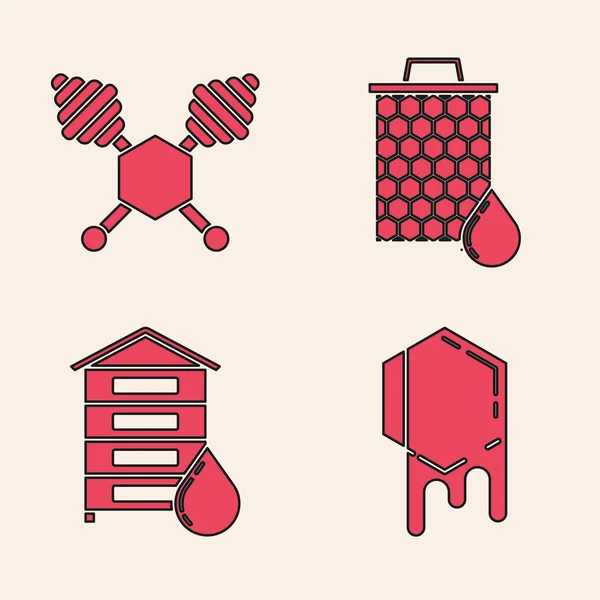 Set Honeycomb, Honey dipper stick, Honeycomb and Hive for bees icon. Vector — Stock Vector