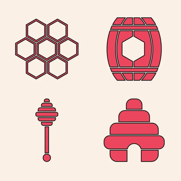 Set Bienenstock, Wabe, Holzfass mit Honig und Honiglöffel-Symbol. Vektor — Stockvektor