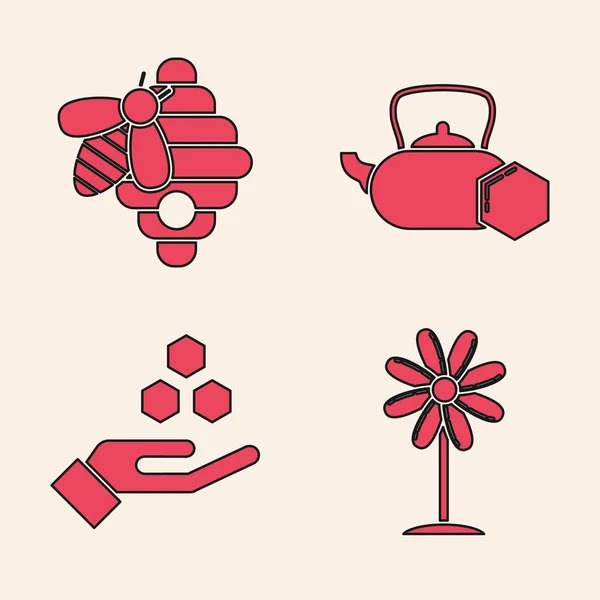 Set Flor, Colmena para abejas, Tetera con miel e icono de panal y mano. Vector — Vector de stock