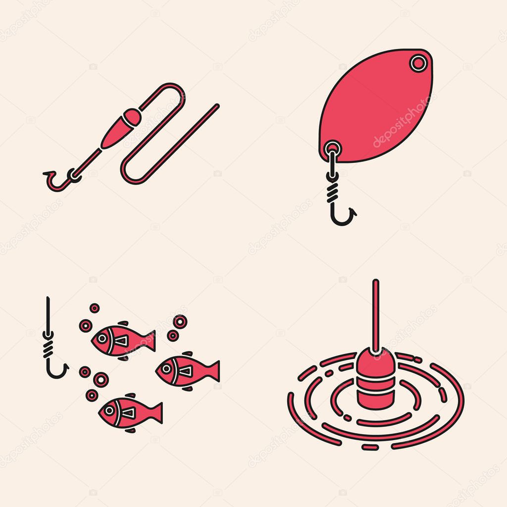 Set Fishing float in water, Fishing line with hook and float, Fishing spoon and Fishing hook under water with fish icon. Vector
