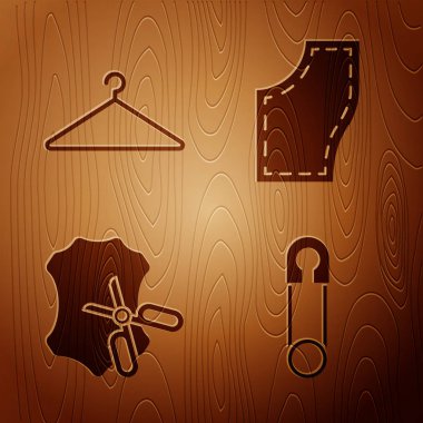 Klasik kapalı çelik güvenlik iğnesi, askı dolabı, makas, deri ve dikiş desenini tahta arka planda ayarla. Vektör