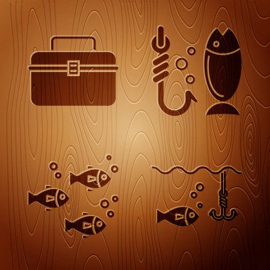 Balıkçılık kancasını balık, kasa ya da kutu konteynırıyla suya daldırın. Balıkçılık ve balıkçılık ekipmanları ahşap arka planda. Vektör