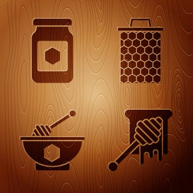 Honey Dipper çubuğunu damlayan bal, bal kavanozu, bal kavanozu, bal kavanozu, kase ve bal peteği ile ahşap arka planda ayarla. Vektör