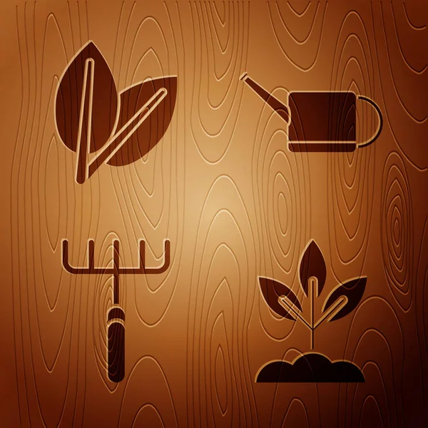 Set Plante, Feuilles, Râteau de jardin et arrosoir sur fond en bois. Vecteur — Image vectorielle