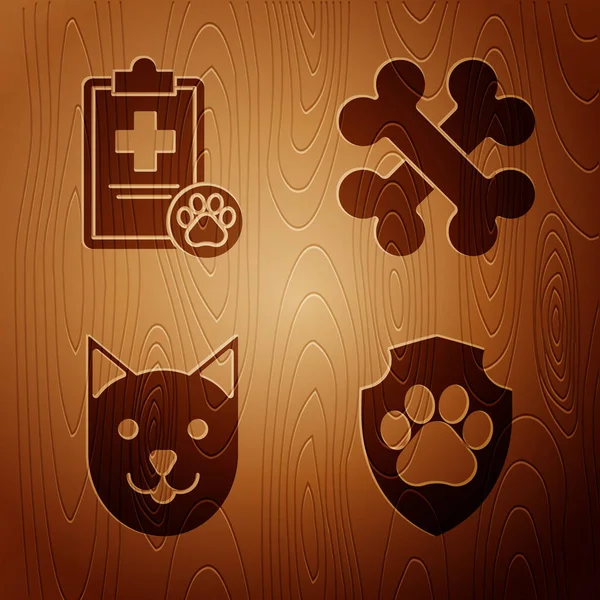 Set Animal health insurance, Clipboard with medical clinical record pet, Cat and Crossed bones on wooden background. Vector — Stock Vector